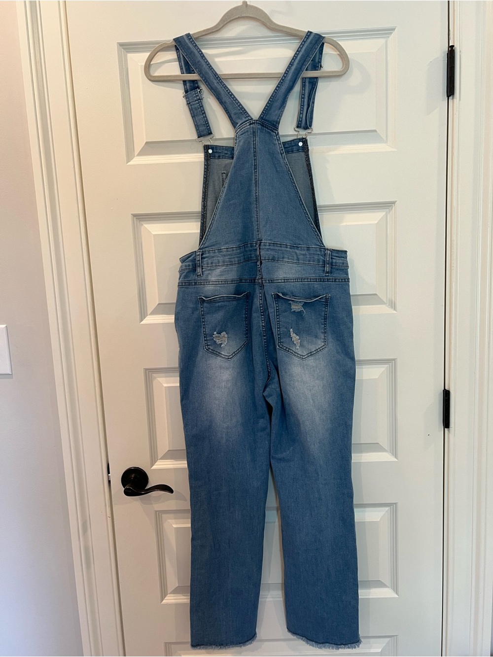 Distressed Denim Overalls Size L Stretch Raw Hem Cropped Straight Leg - Picture 4 of 10